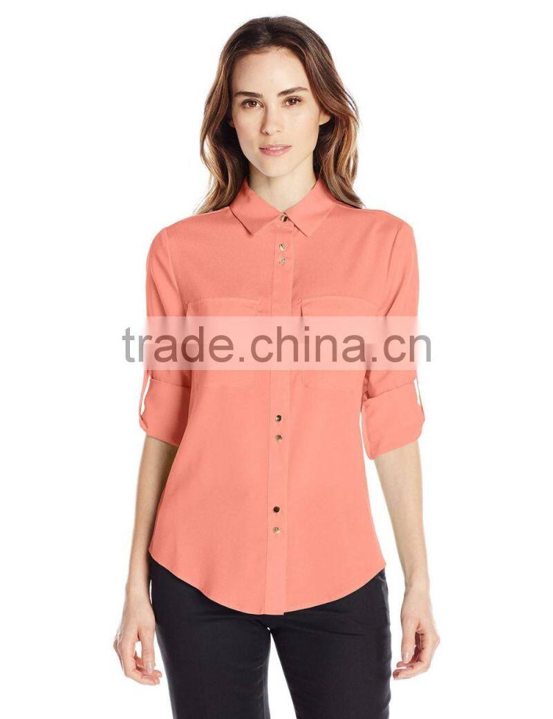 Women's Pink,Orange,Blue Double Button Blouse
