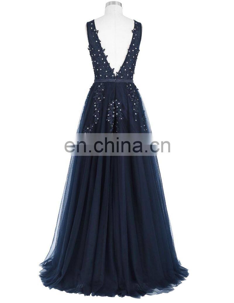 Grace Karin Elegant Deep V-Back Soft Tulle Netting Sleeveless Long Navy Blue Evening Dress 8 Size US 2~16 GK000130-1