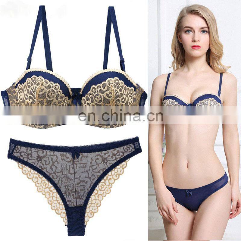 romantic bra set for women 1/2 trace + lace push up sexy underwear sets and pant