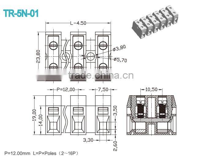 Feed Through Electrical Terminal Block Connectors UL CE 30A Pitch 12.00mm