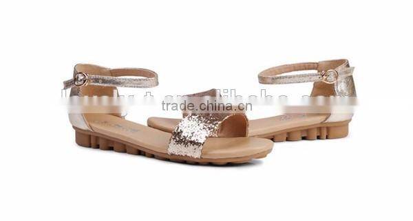 2016 new design shiny sequined pailette flat real leather sandals shoes for summer and beach with oxford sole