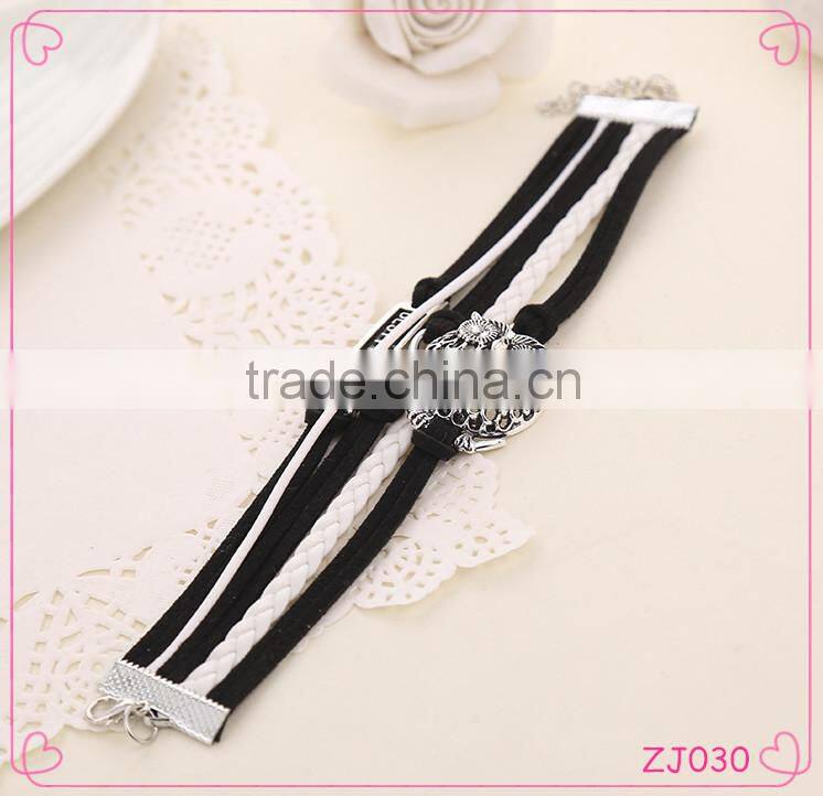 hot sale fashion alloy vintage peace sign owl multi strand weave leather bracelet