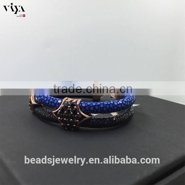 2016 Wholesale Luxury Stingray/ Python Leather Silver Bracelet With Rose Gold Clasps White Diamond