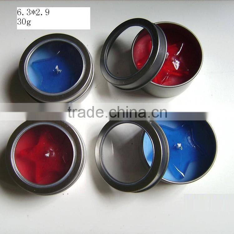 Silvery scented tin candle with string containers