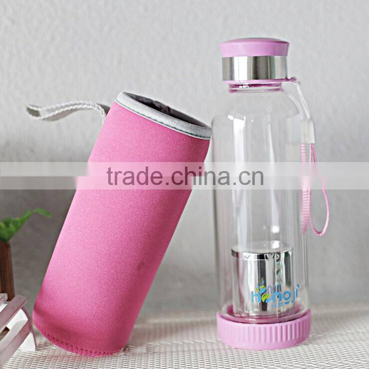 500ml car sport outdoor Portable Sports High Borosilicate Tea Filter Glass Water Bottle with Tea Infuser 2015