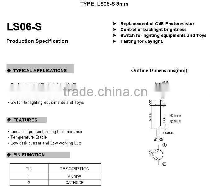 Light sensor LS06-S 3mm replacement of photocell RoHS compliant Pb-free Cd-free