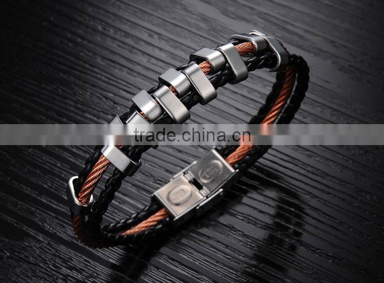 NSSL161 black leather red steel wire tooth hallmark stainless steel bracelets
