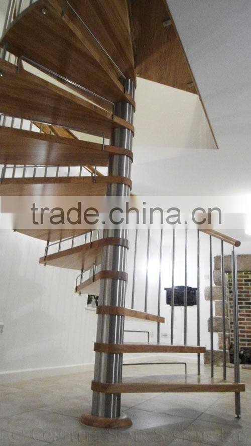 indoor stainless central pole wood spiral stair with wood handrail