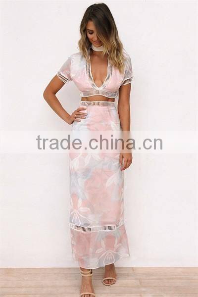 Latest floral print dress fashion dress two piece of maxi dress for women