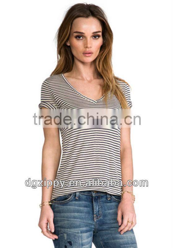 Short Sleeve V-Neck Navy/Beige Stripe women plain t-shirt