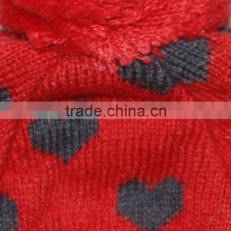 girls red and black heart pattern jacquard hat and cap with top ball and button