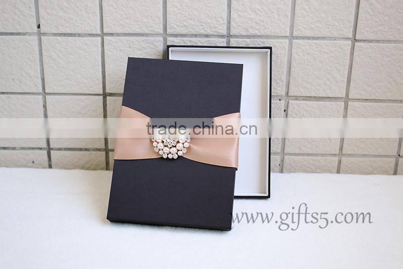 Black Color Silk Wedding Invitation Box With Crown Brooch Embellishment