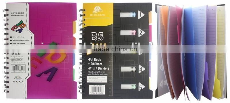 Cheap plastic cover spiral note book with colored PP dividers