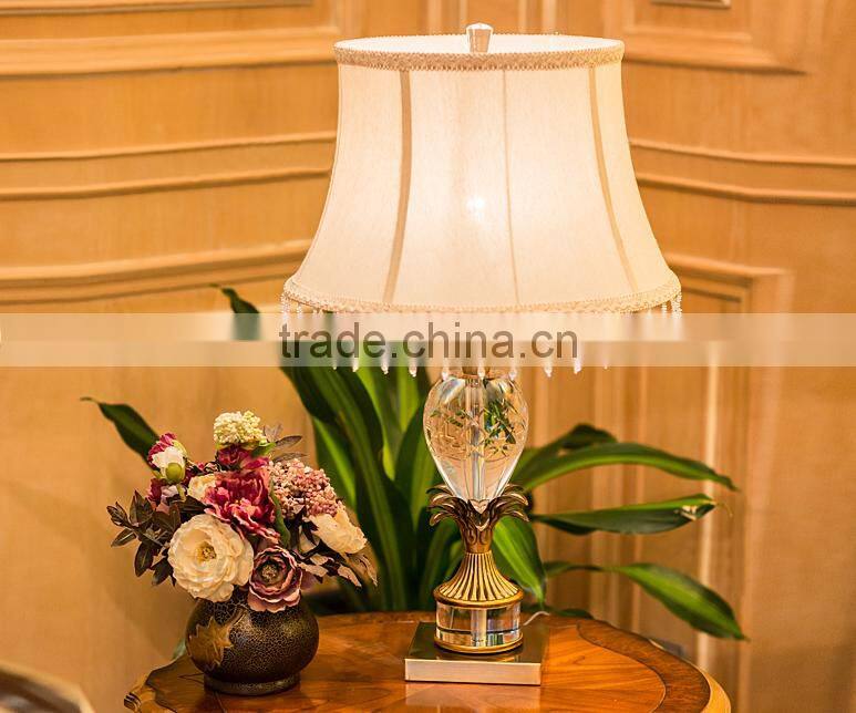 European style crystal lampbody metal leaf decorative table lamp with fabric lampshade