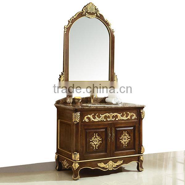 Vintage Ornate Baroque Reproduction Italian Style Solid Wood Bathroom Cabinet with Brown Marble Countertop BF12-06144b