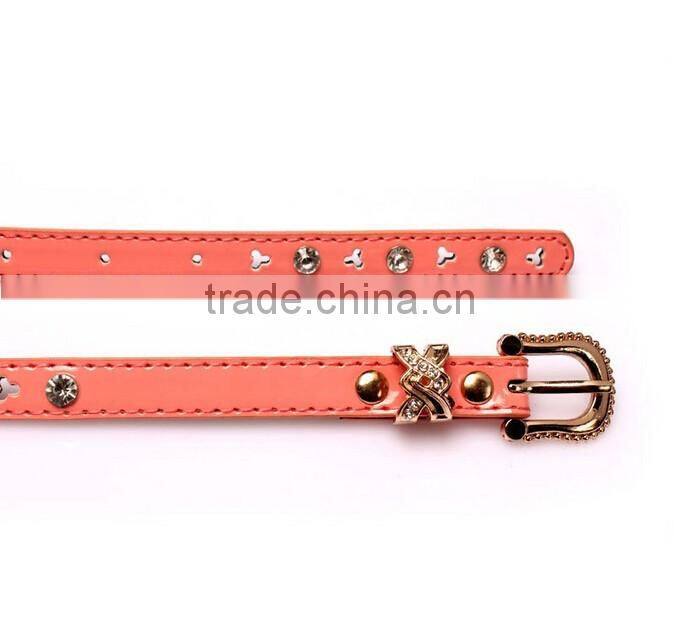 Fashion rhinestone inlaid rivets decorated pin buckle sex girl thin pink PU waist belt