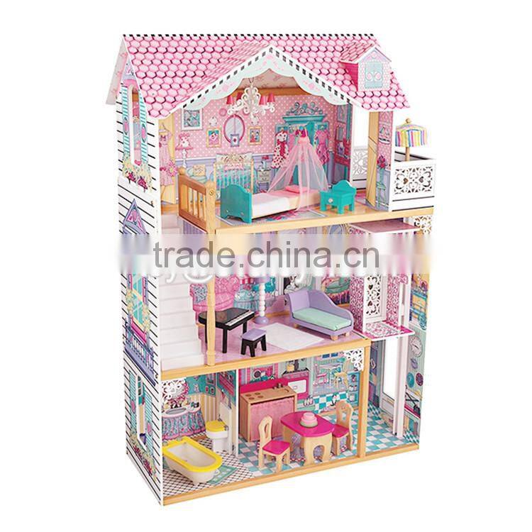 New style girls pretend play miniature wooden dollhouse toy with 16 pieces furniture W06A220