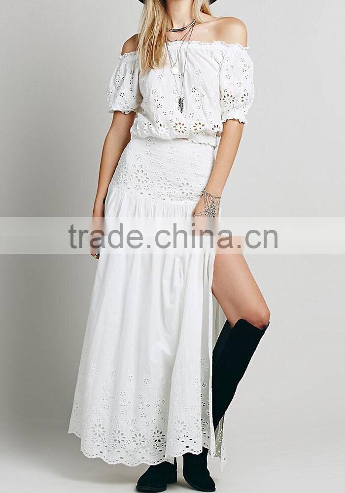Ladies crop top and long skirt Sexy hollow out off shoulder short sleeve white beach dress