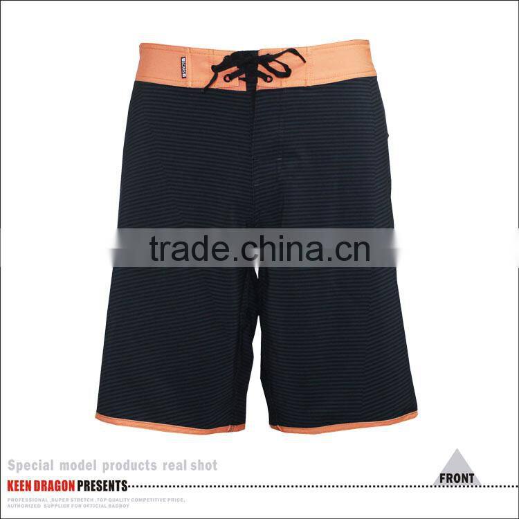 Stripes printing surf board shorts with orange waistband