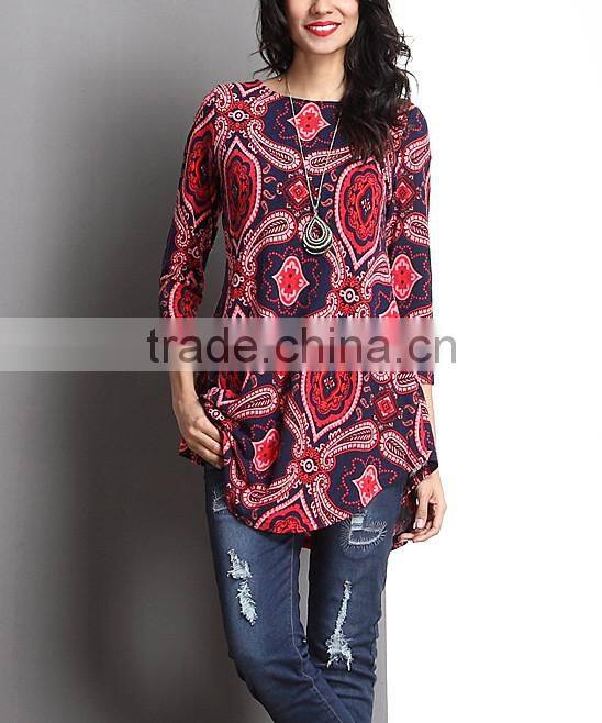 New Year Women Tops With Red Paisley Elbow Patch Split-Hem Tunic Women Outwear Women Clothing GD90426-46