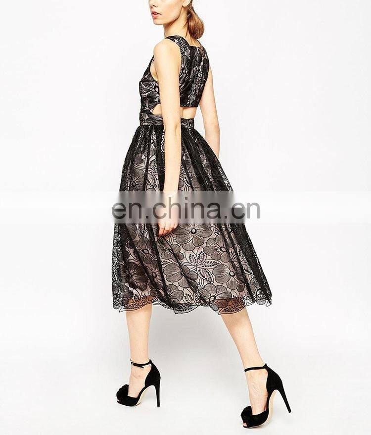 2016 Latest Style Organza Cut-out Back V-neckline Fashion Floral Lace Midi Prom Dress