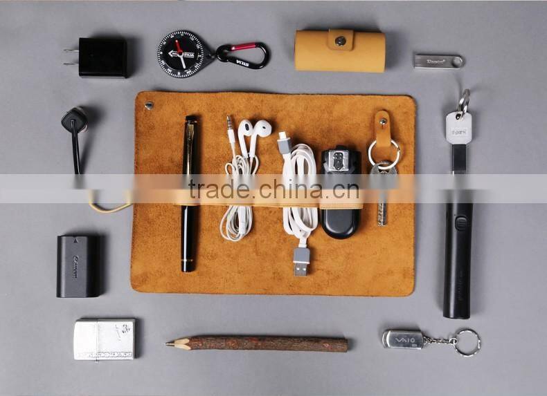 multiple use real crazy horse leather data cable storage bag custom pencil bag roll organizer