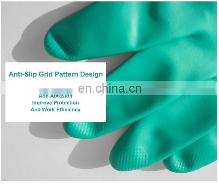 15 mil Custom Printed Heavy Long Cuff Green Flock Lined Nitrile Gloves Chemical Industrial Acid Alkali Resistant Gloves