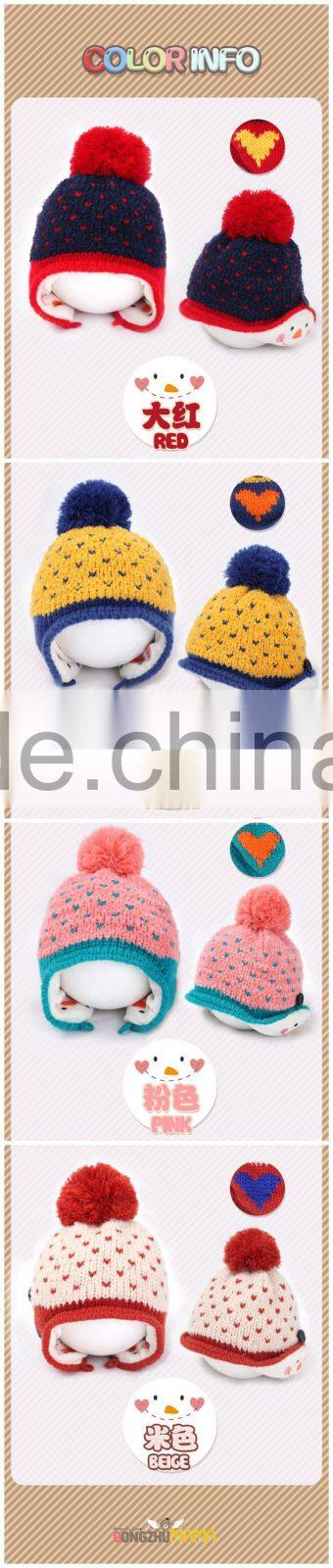 2015 Winter Newest Small Heart Knitting Baby Kids Earflap Pompom Caps and Hats