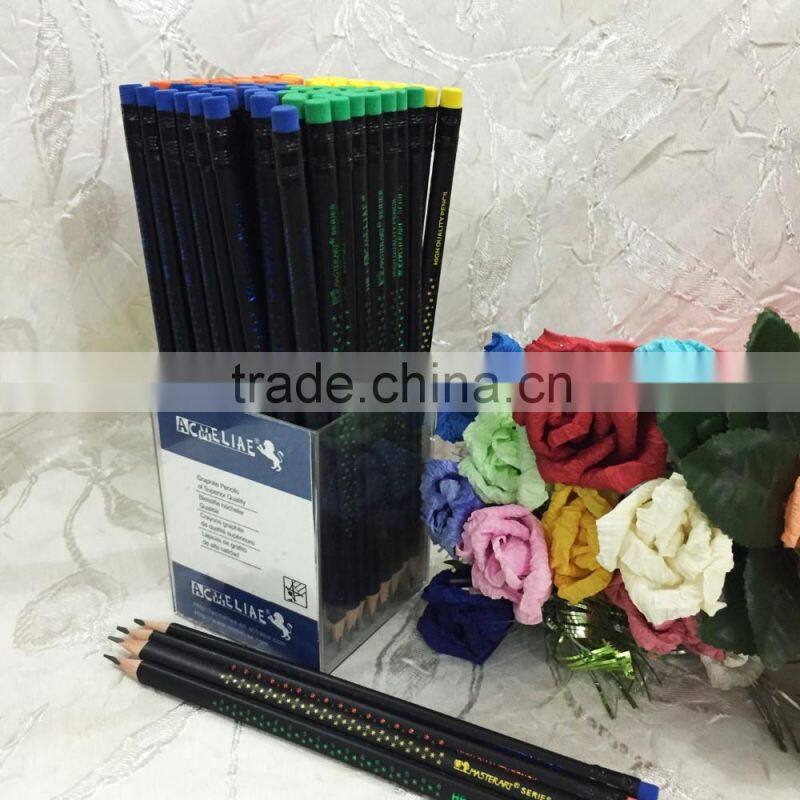 Standard size triangular shape soft wood 72pcs matt black body HB pencil with eraser