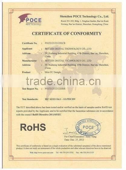 Android TV stick quad core RK3188 ARM Cortex-A9 process with CE and ROHS certificates