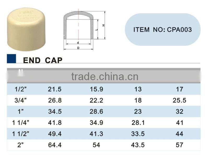 Best Quality ERA ASTM D2846 CPVC Pipe End Cap plasttic end cap