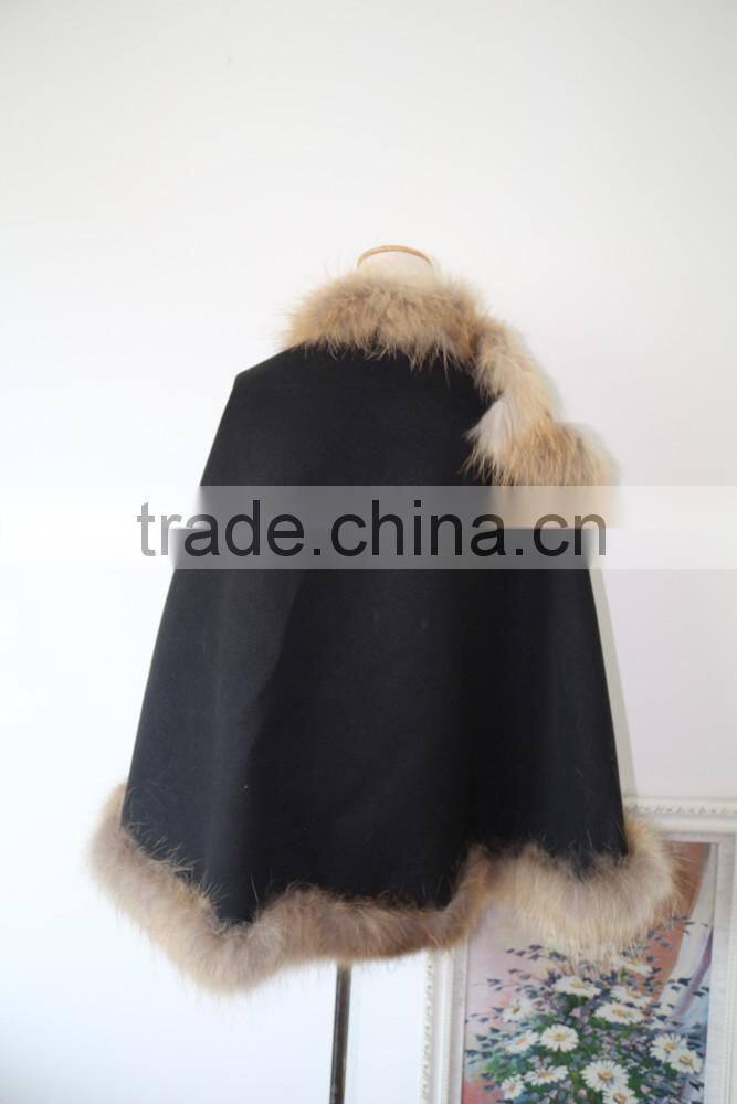 Graceful Natural Raccoon Fur Edge Cashmere Shawl Winter Fur Trim Pushmina Like Poncho Cape