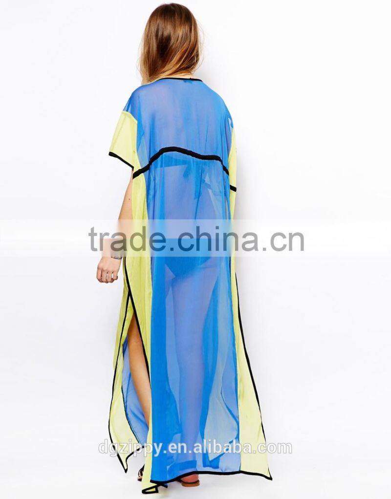 Self-tie color block beach kaftan dress long chiffon kaftan