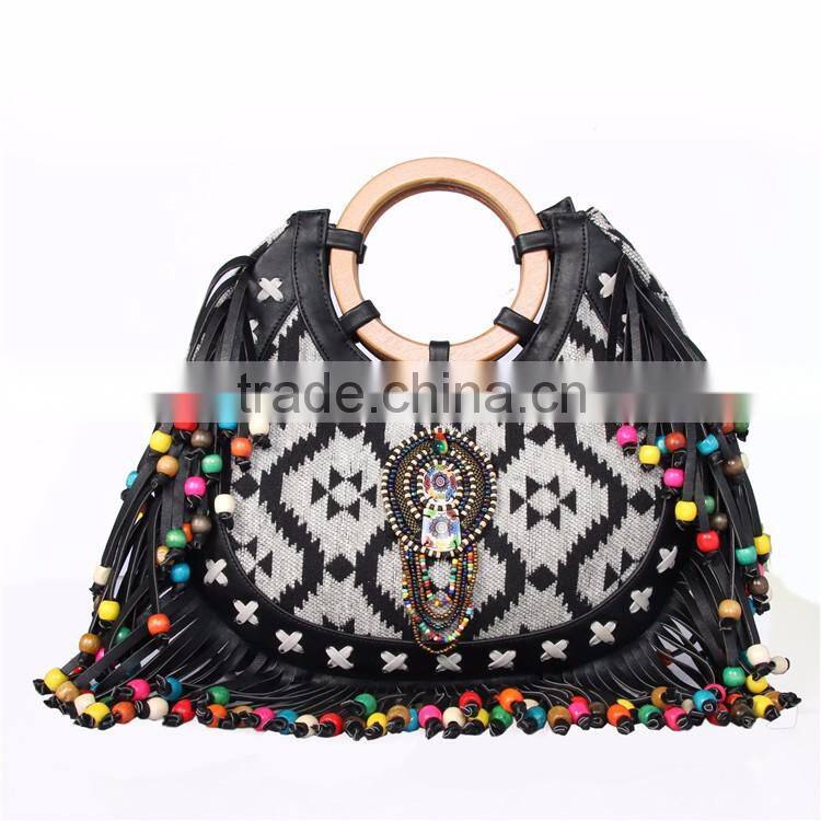 Ethnic Style Wood Bead Strap Multi-color Stripes Cloth Tote Shoulder Bag Handbag