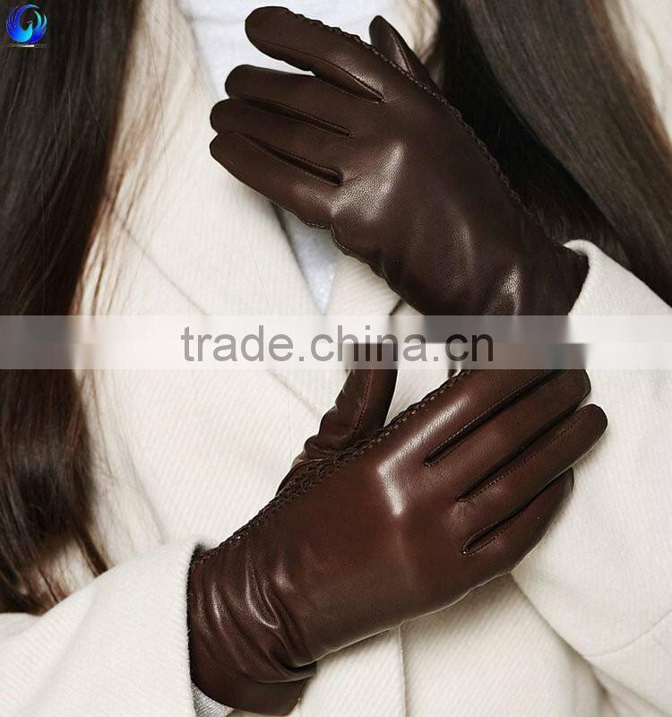 Main product ladies warm silk dark brown sheepskin leather touch screen gloves