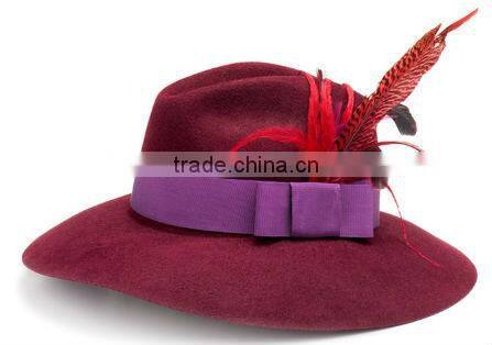 fashion 100% wool ladies' fedora feather hat