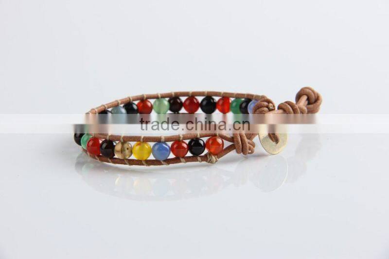 6mm natural mixed color agate leather bracelet custom made, leather braided bracelet, new style bracelet