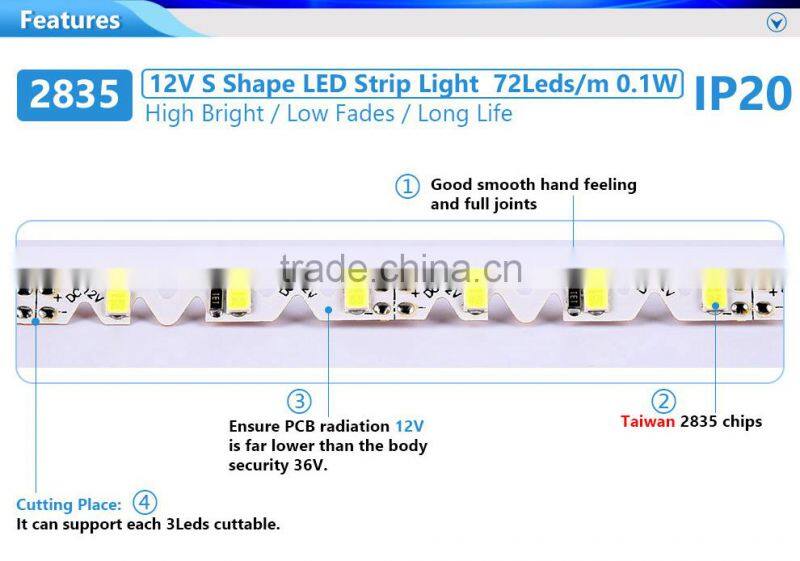 7.2w SMD 2835 S shape super ultra thin 100m led strip