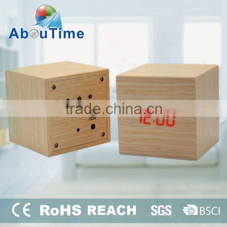 Fashion design cheap cube wooden led alarm clock