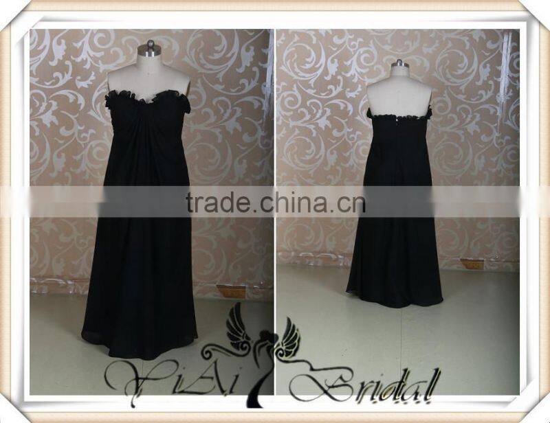 RSE232 Ruffle Neckline Drapped Skirt Long Black Chiffon Fat Bridesmaid Dress
