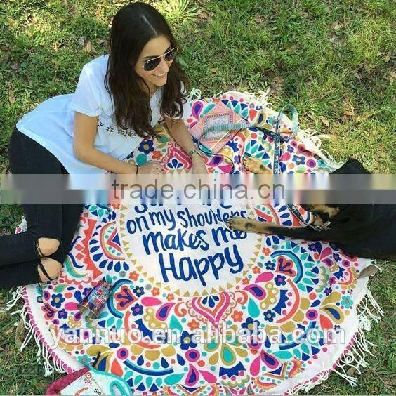 Round 100% Cotton Print Tassel Beach Towel, Beach Mat Sunscreen shawl