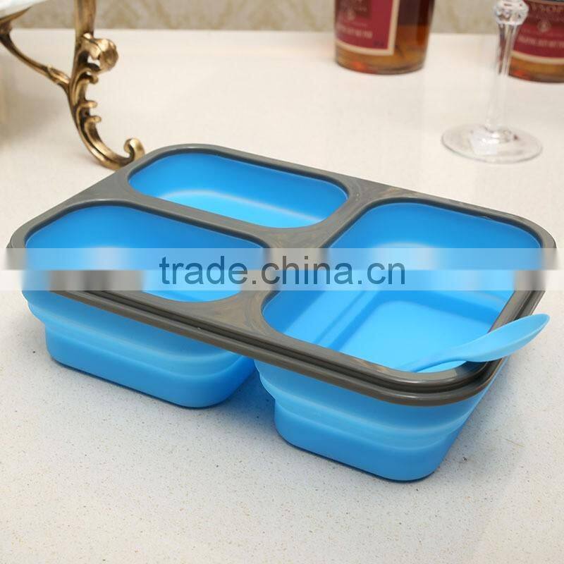 Collapsible silicone lunch box with serving tool/square shape foldable silicone lunch box