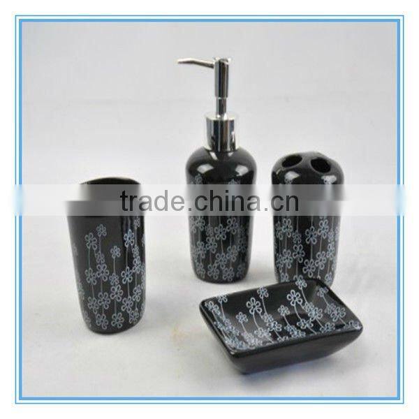 Hot sale full printing round black dehua 4pcs ceramic bath accessories