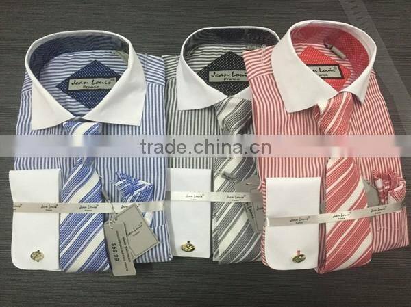 Stock USA Men Oxford Stripes Dress Shirt with Tie/Hankie/Cufflinks