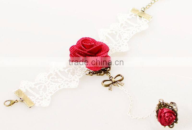 National bowknot ring jewelry set handmade white lace girls rose bracelet sets