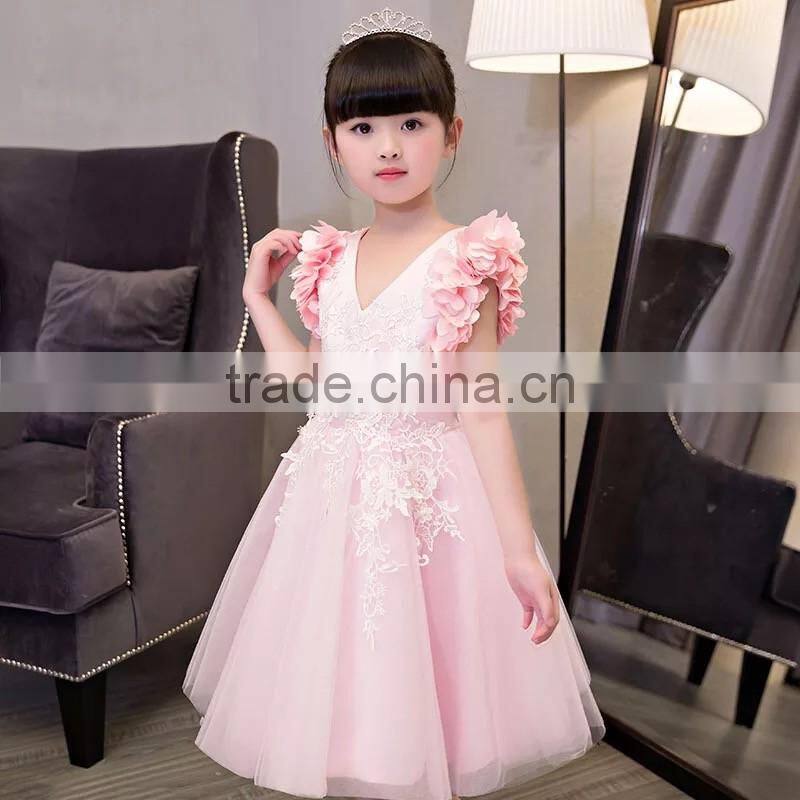 New baby frock design 2017 sleeveless Pink and Gray Embroidery flower V collar Vietnam party dresses Chiffion wedding dresses