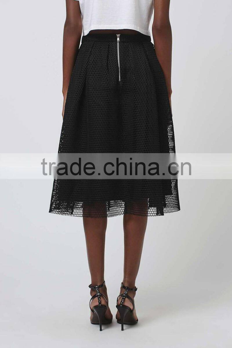 Wholesale women fancy plain black puffy mesh midi skirts