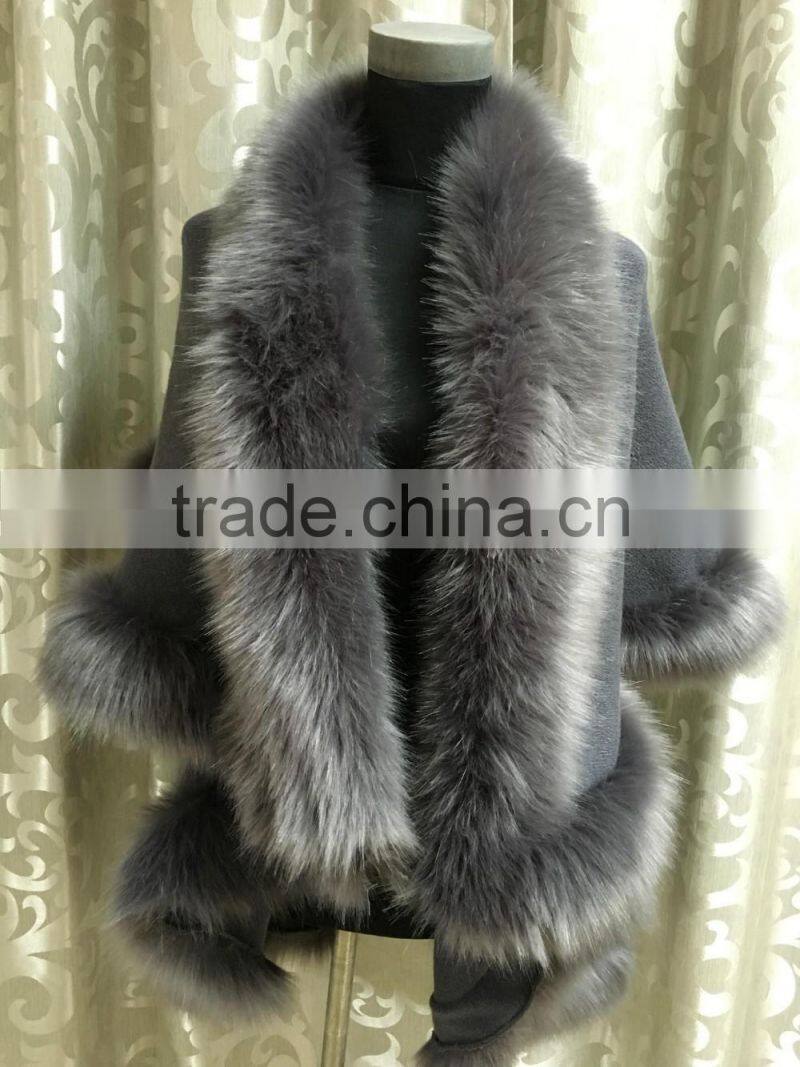 Fur Story Natural Cashmere Shawl with Fox Fur Collar Hight Quality Winter Outwear Poncho Multiple Colors
