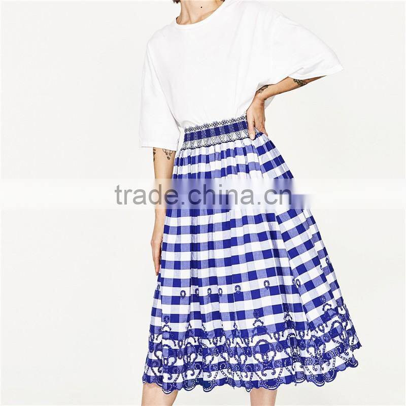 2017 OEM Spring Midi Flounce Plaid Skirt with High Elastic Waist