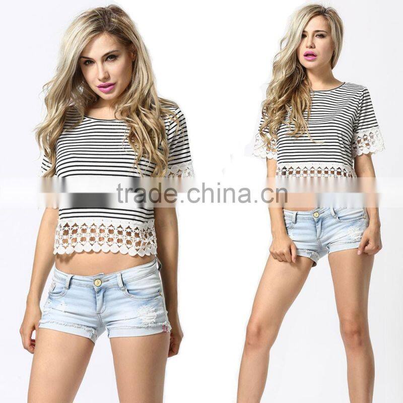 European Style Sexy Women Fashion Round Neck White Short Sleeve Top Stripe Cropped T-shirt 2017
